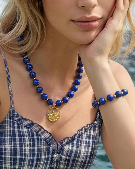 Lapis Lazuli Mountain Gold Necklace & Bracelet Set – Clarity & Serenity