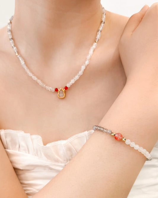 Moonstone Clear Quartz Gold Necklace & Bracelet Set – Intuition & Healing