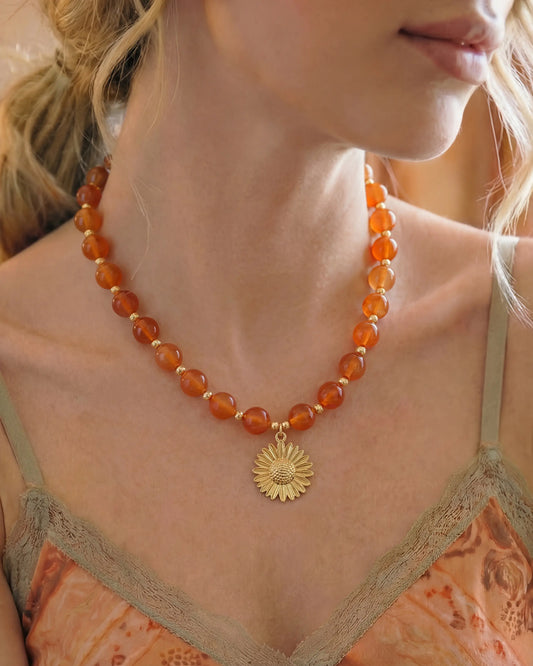 Orange Agate Sunflower Gold Necklace