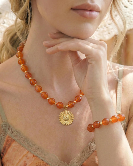 Orange Agate Sunflower Gold Necklace & Bracelet Set – Warmth & Creativity