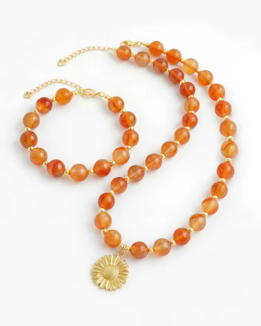 Orange Agate Sunflower Gold Necklace & Bracelet Set – Warmth & Creativity