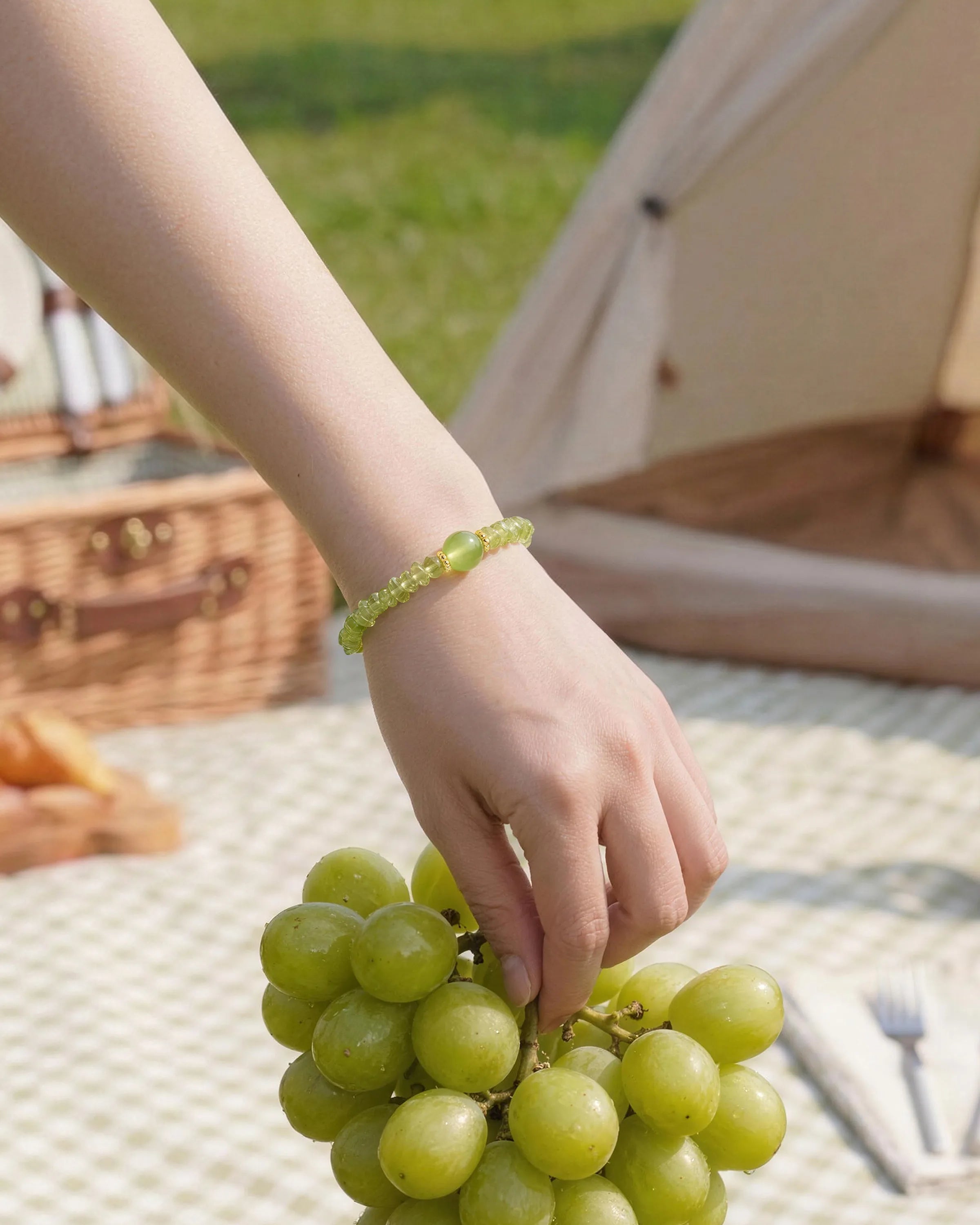 Model wearing Peridot Gold Freeform Chips Focal Bracelet