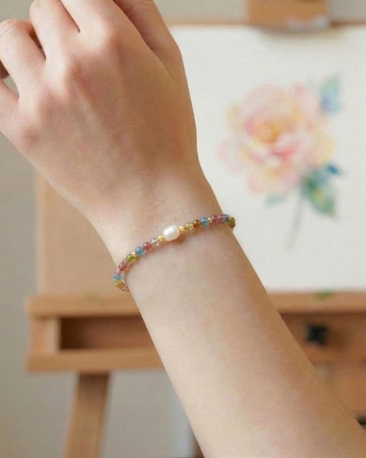 Rainbow Tourmaline Pearl Gold Bracelet – Expression & Freedom