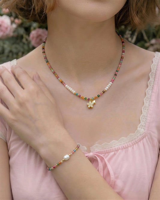 Rainbow Tourmaline Pearl Gold Necklace & Bracelet Set – Love & Balance