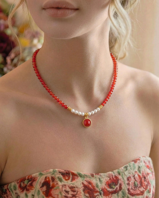 Red Agate Pearl Gold Necklace – Passion & Vitality