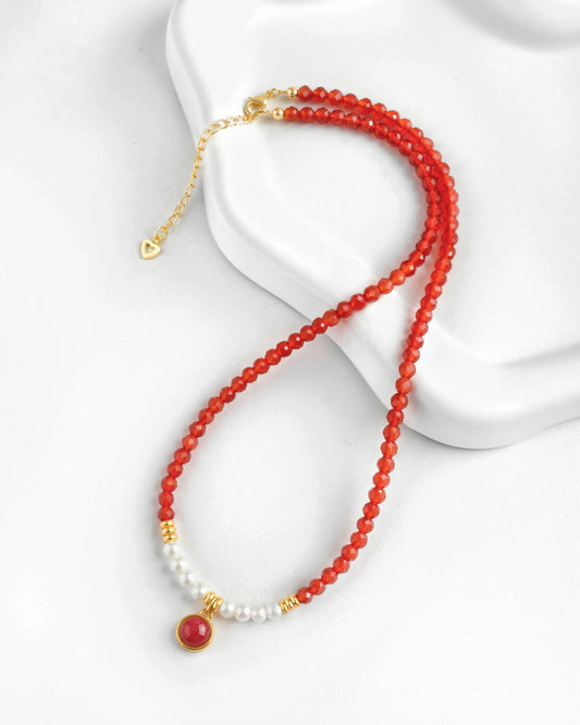 Red Agate Pearl Gold Necklace – Passion & Vitality
