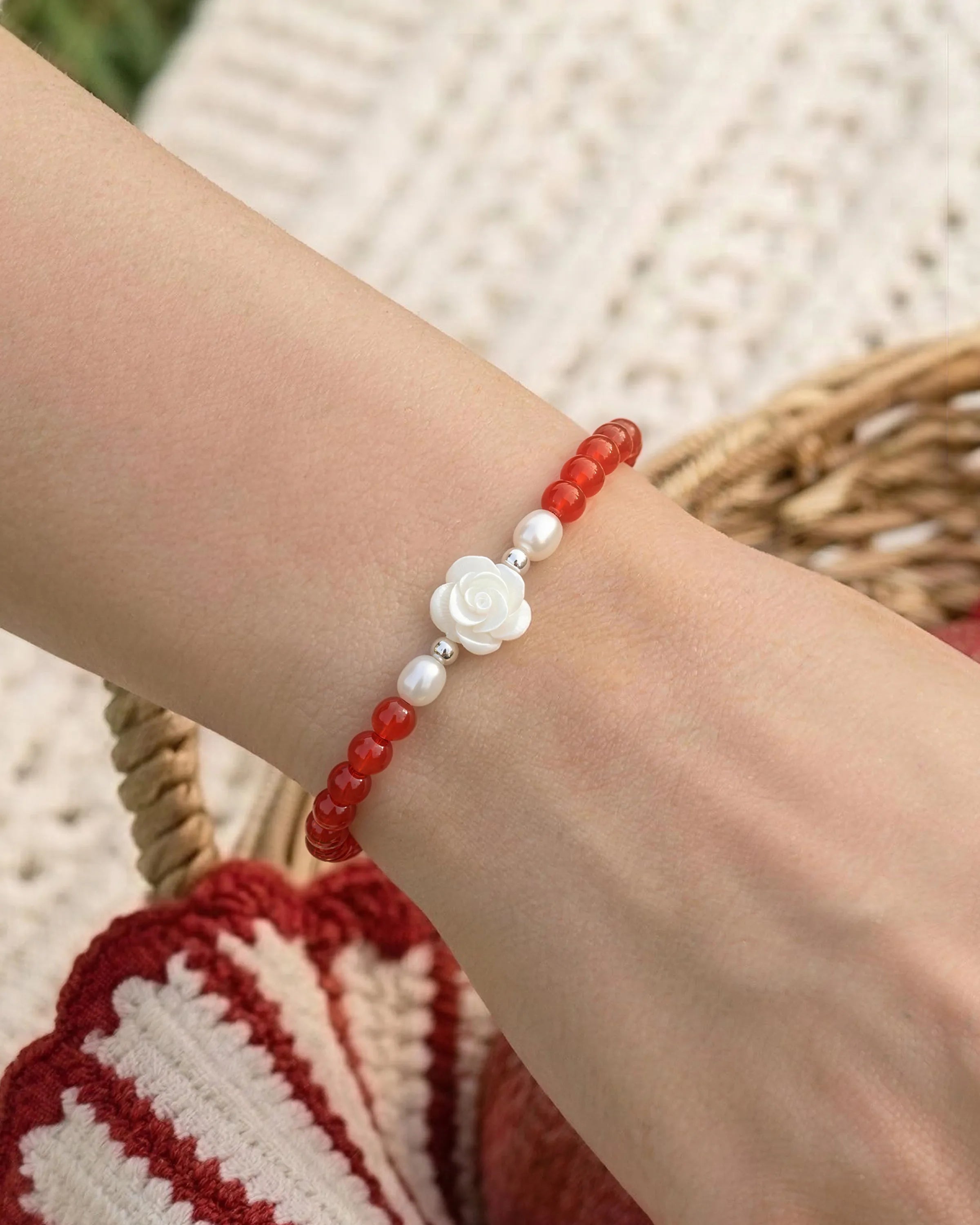 Red Agate Clear Quartz 14K Gold Plated Bracelet on the model
