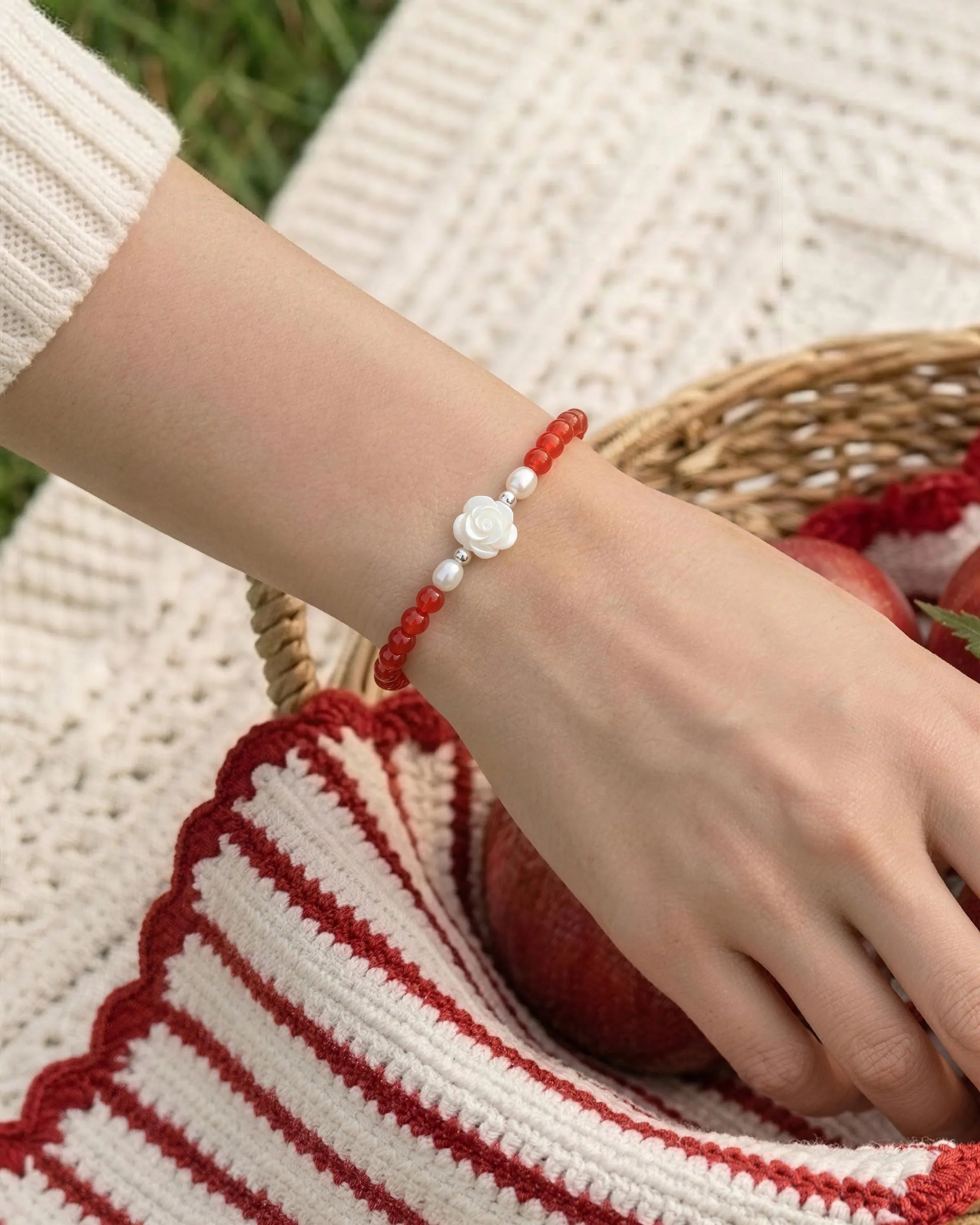 Red Agate Clear Quartz Silver Bracelet
