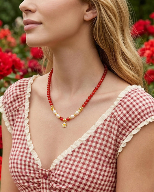 Red Agate Pearl Daisy Gold Necklace on the model