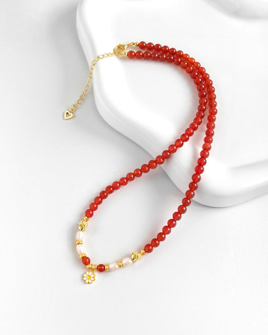 Red Agate Pearl Daisy Gold Necklace – Passion & Vitality