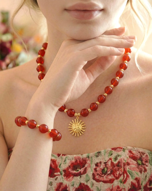 Red Agate Sun Gold Necklace & Bracelet Set – Passion & Courage