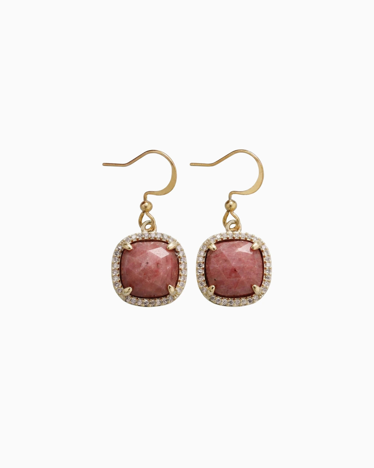 Red Rose Quartz Gold Square Earrings