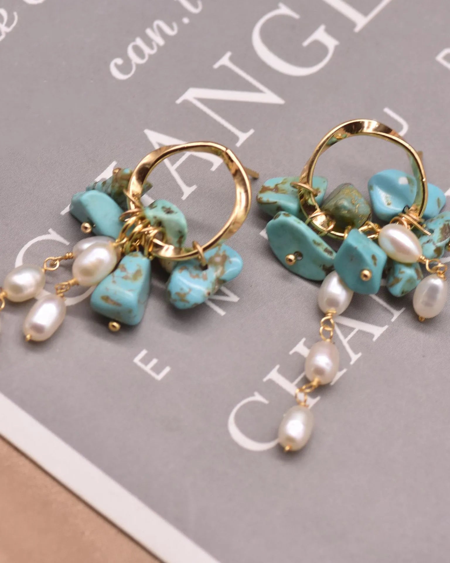 Turquoise Gemstone Chip Gold Earrings details
