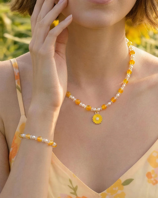 Yellow Jade Daisy Silver Necklace & Bracelet Set – Joy & Optimism