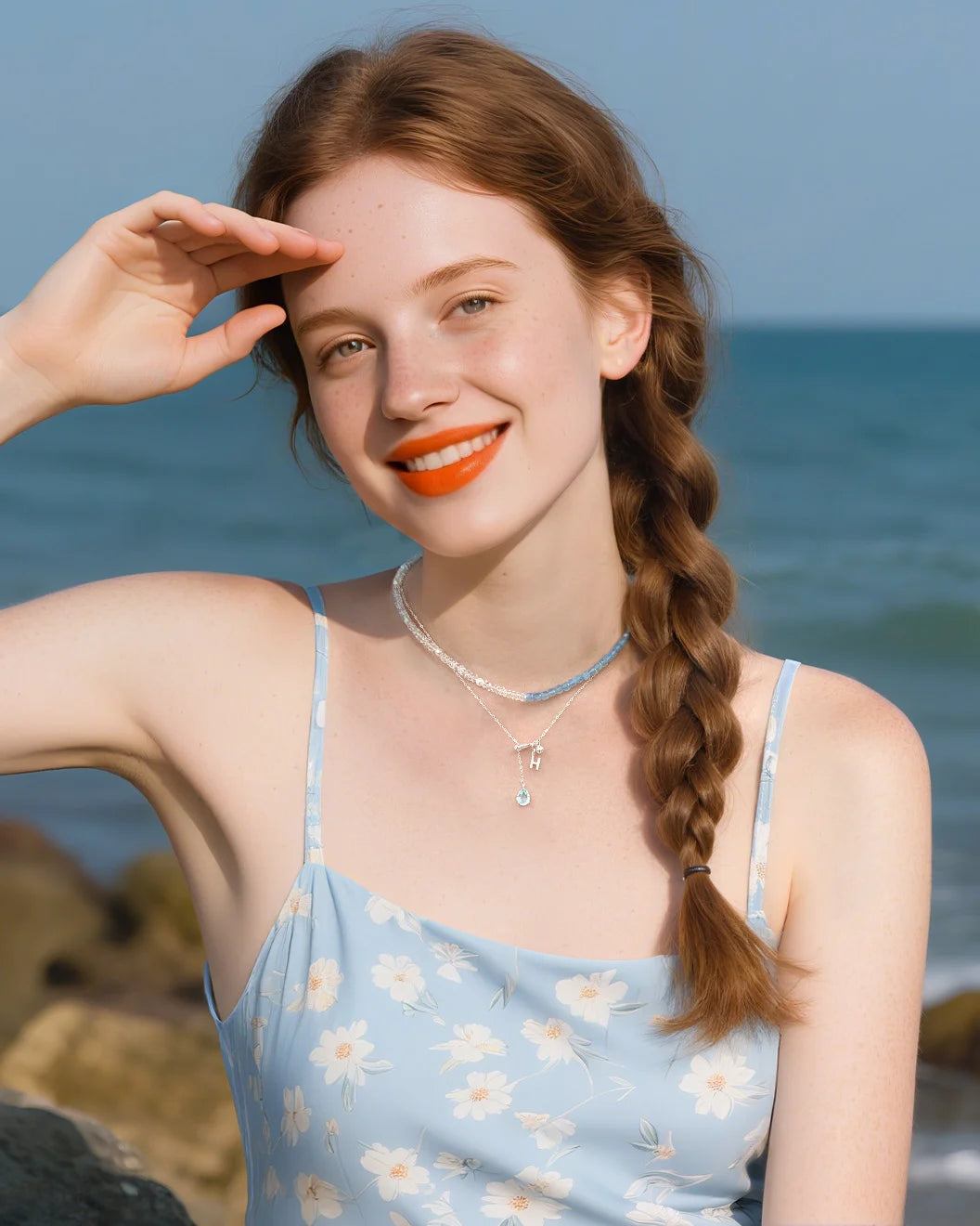 aquamarine jewelry set on model