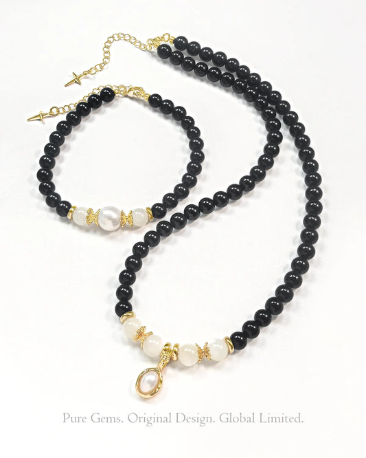 Black Onyx Moonstone 14K Gold Plated Necklace & Bracelet Set – Intuition & Strength