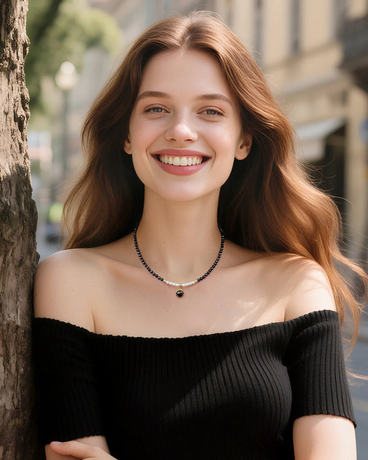 Black Tourmaline Pearl Gold Plated Sterling Silver Necklace – Protection & Grounding