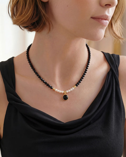 Black Tourmaline Pearl 14K Gold Plated Beaded Necklace