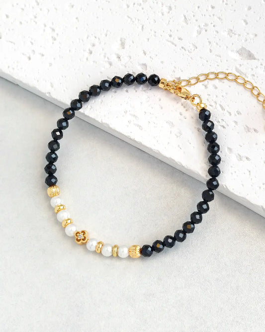 Black Tourmaline Pearl Gold Bracelet – Grounding & Protection