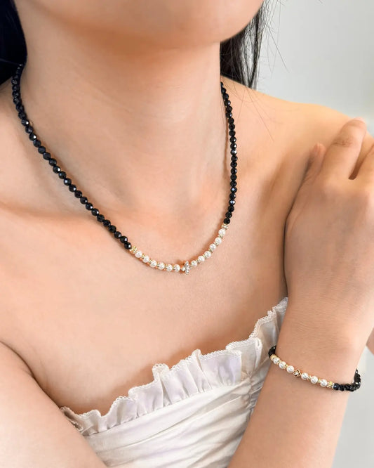 Black Tourmaline Pearl Gold Necklace & Bracelet Set – Stability & Protection