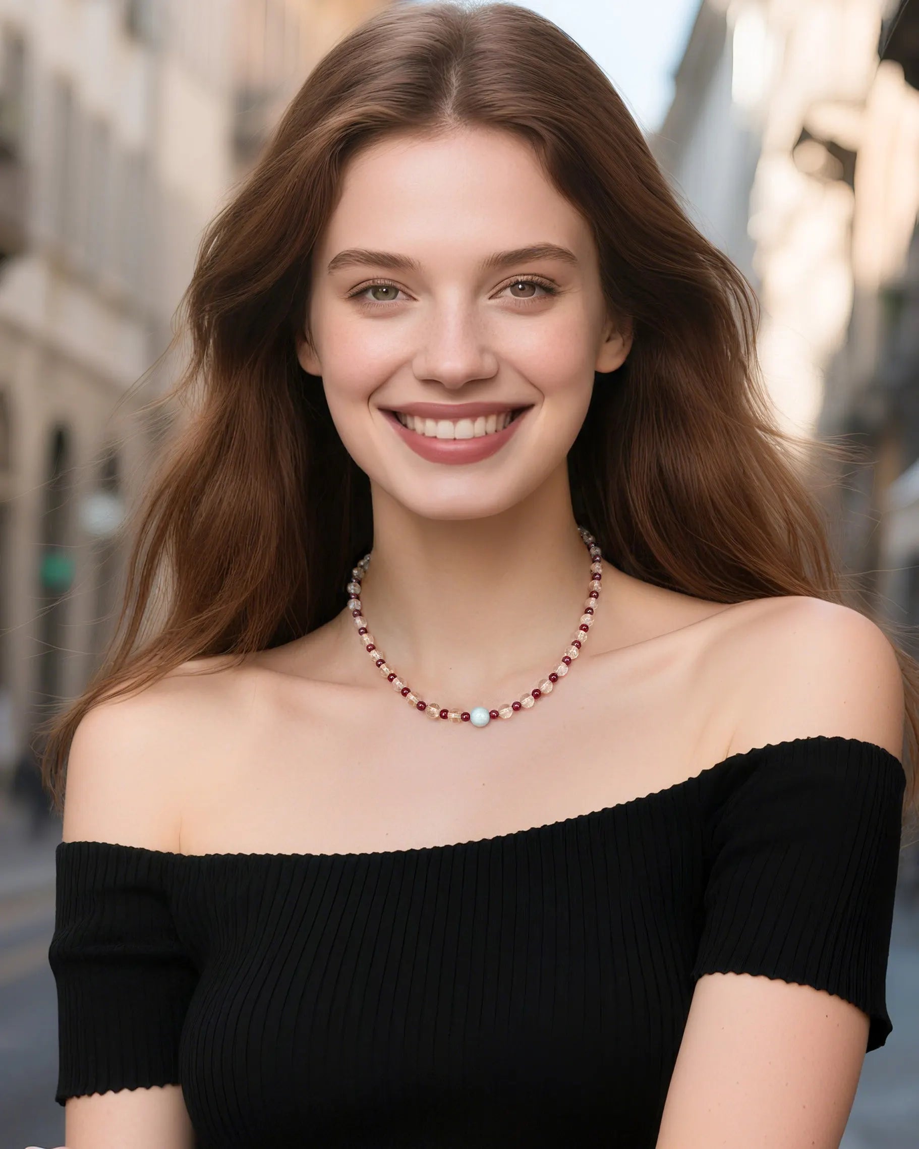 citrine and garnet beaded necklace on the model