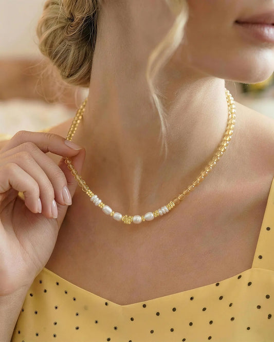 citrine beaded necklace on the model