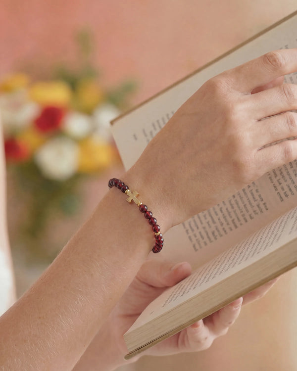 Garnet Cross Gold Bracelet – Vitality & Passion