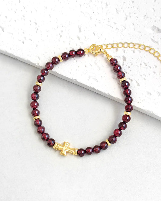 Garnet Cross Gold Bracelet – Passion & Love