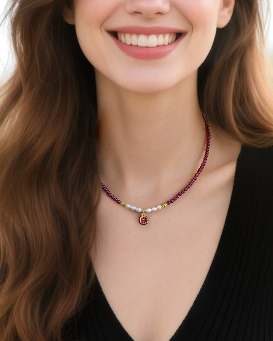 Garnet Pearl Gold Plated Sterling Silver Necklace – Passion & Wisdom
