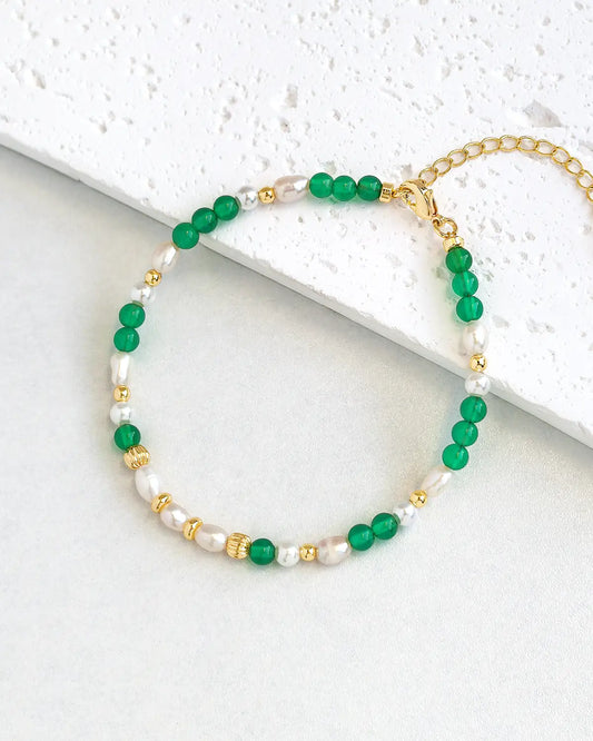 Green Agate Pearl Gold Bracelet – Healing & Balance