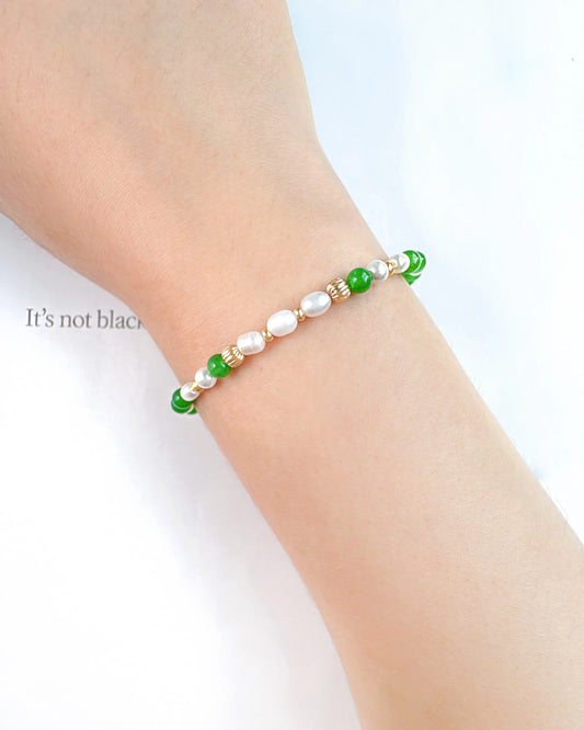 Green Agate Pearl Gold Plated Sterling Silver Bracelet – Healing & Balance
