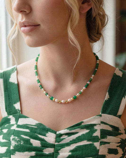 Green Agate Pearl Gold Plated Sterling Silver Necklace with clover beads