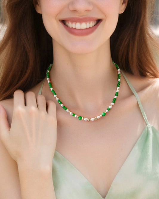 Green Agate Pearl Gold Plated Sterling Silver Necklace – Healing & Purity