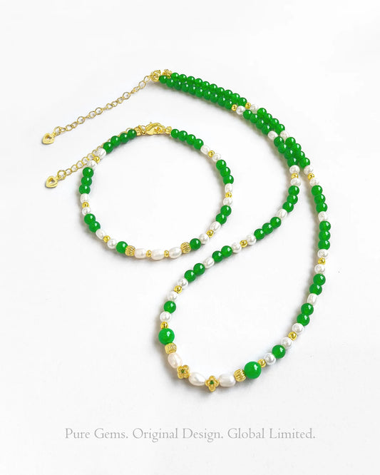 Green Agate Pearl Gold Plated Sterling Silver Necklace & Bracelet Set – Harmony & Wisdom