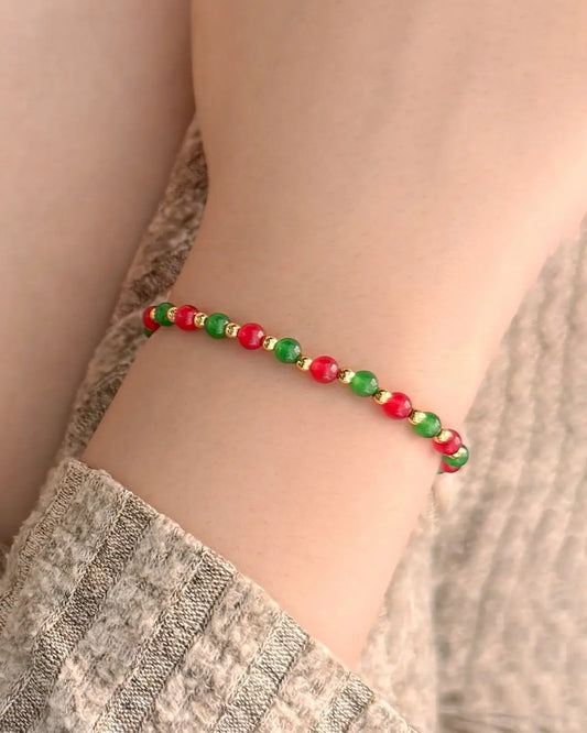 グリーン＆レッドアゲート 18Kゴールドメッキブレスレット - バランスと強さ