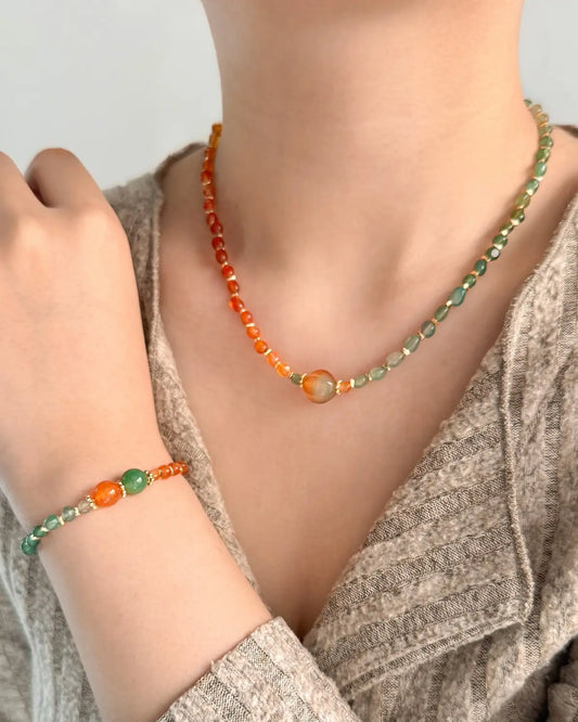 Green & Red Agate Gold Necklace & Bracelet Set – Balance & Courage