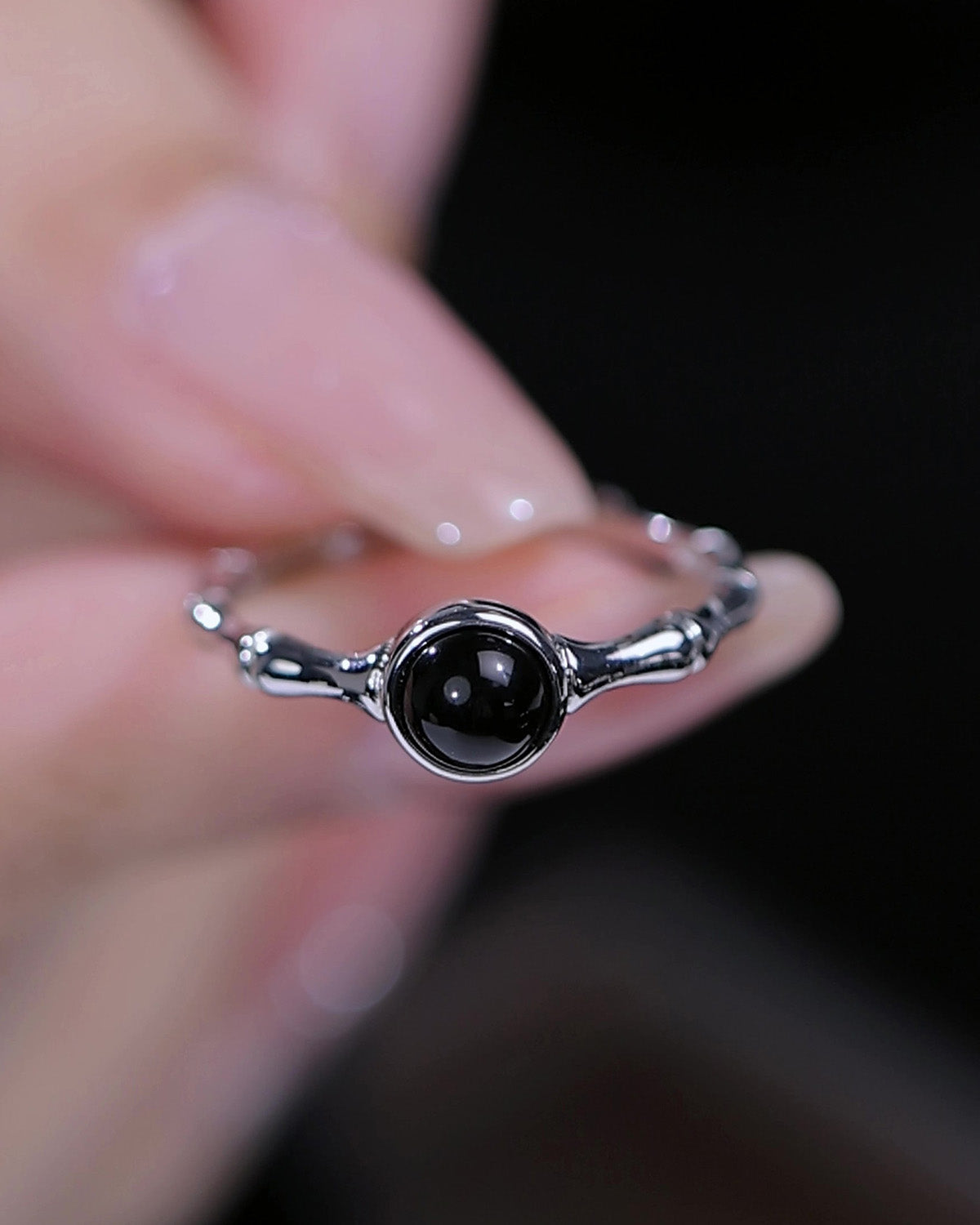 Black Agate Bamboo Adjustable Ring