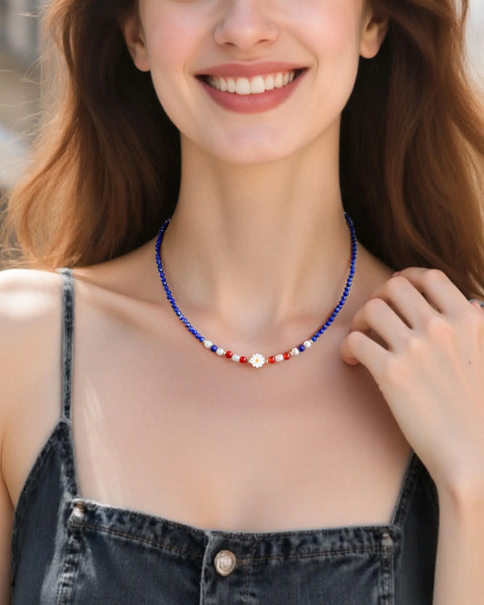 Lapis Lazuli Red Agate 18K Gold Plated Necklace on the model