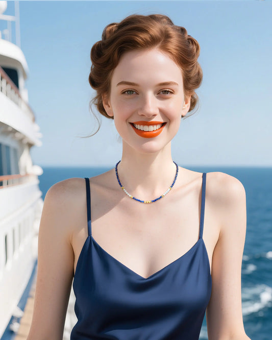 lapis lazuli beaded necklace on the model