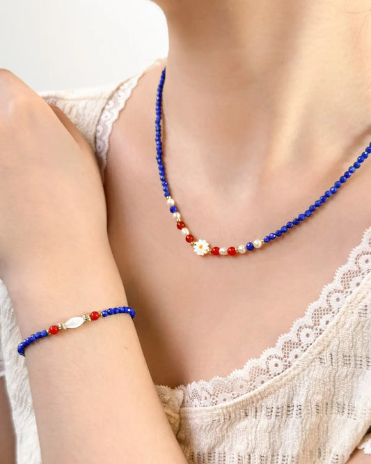 ラピスラズリ レッドアゲート 18Kゴールドメッキ ネックレス＆ブレスレットセット – 知恵と勇気