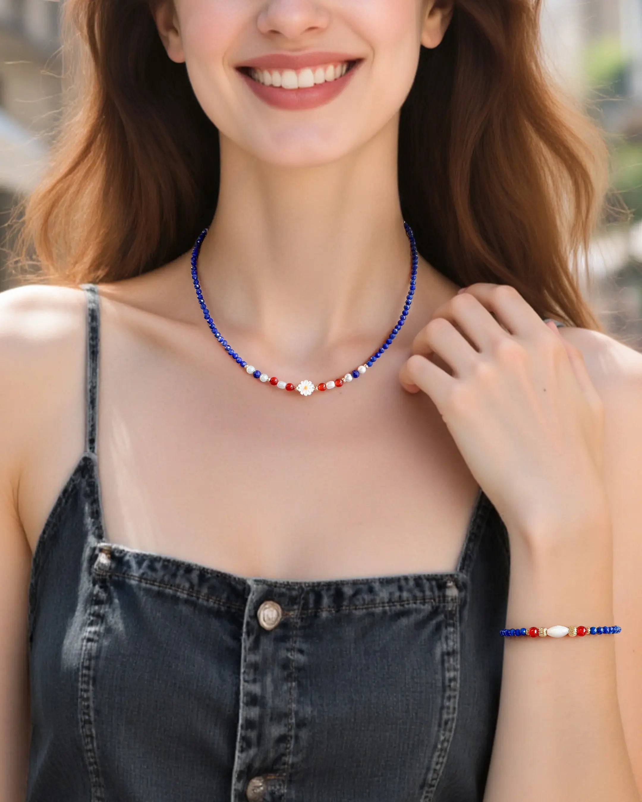 Lapis Lazuli Red Agate 18K Gold Plated Necklace & Bracelet Set on the model