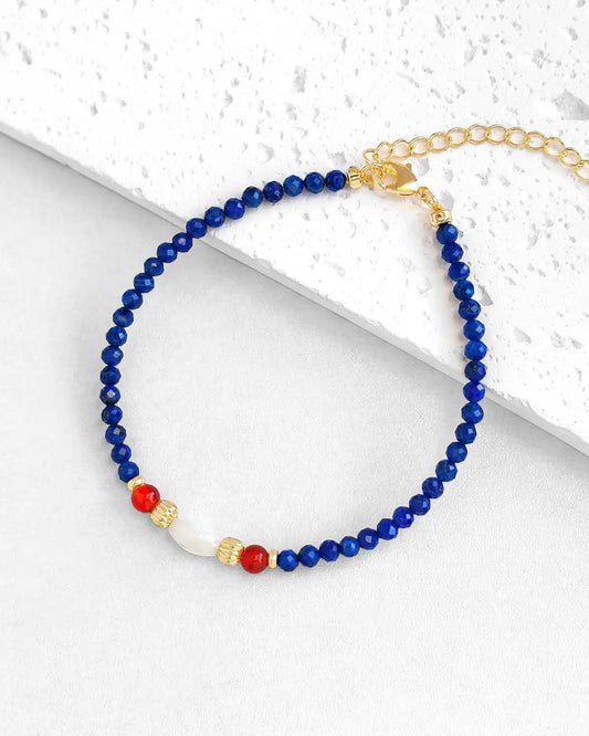 ラピスラズリレッドアゲート18Kゴールドメッキブレスレット - 知恵と守護