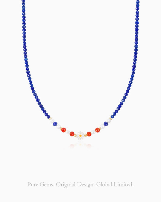 lapis lazuli beaded necklace with red agate accents