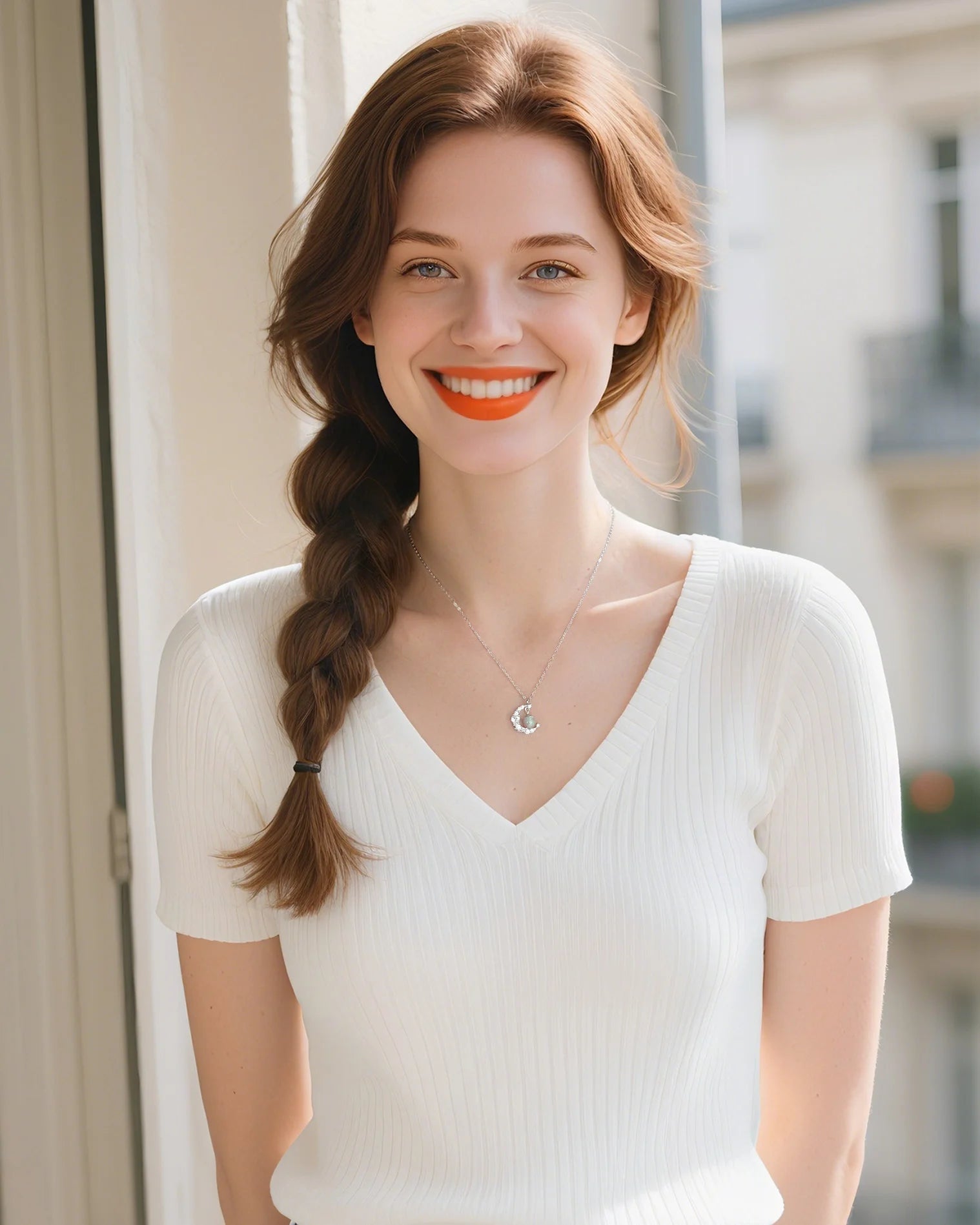 moonstone crescent pendant necklace on the model