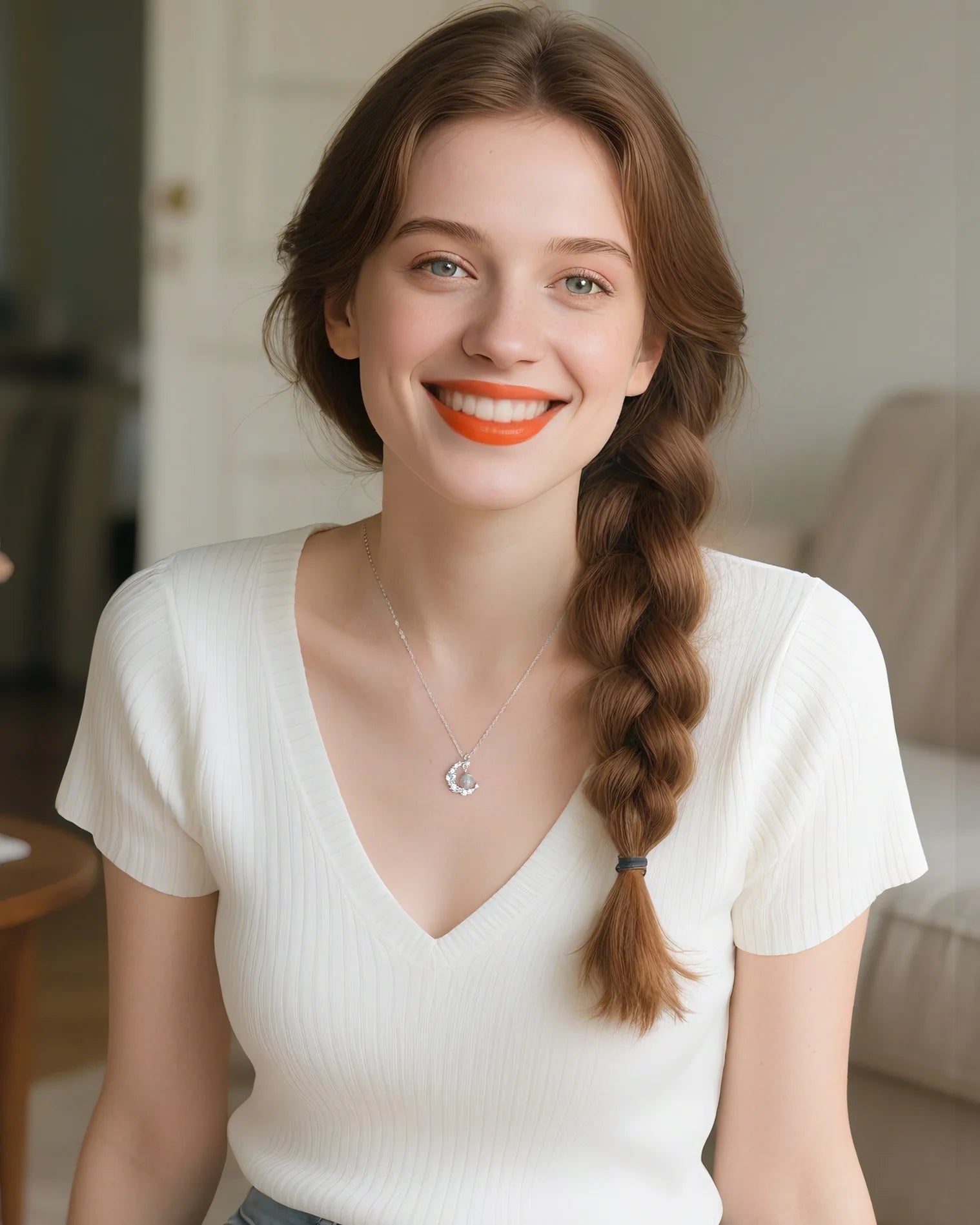 moonstone crescent pendant necklace on the model