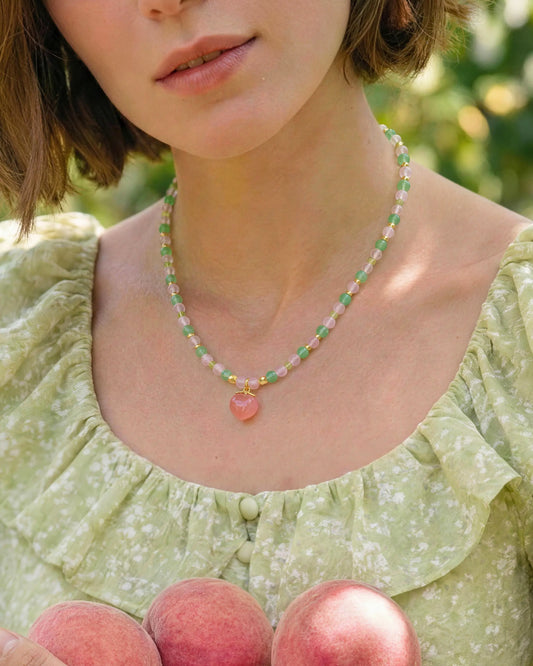 Peridot Rose Quartz Aventurine 14K Gold Plated Necklace on the model