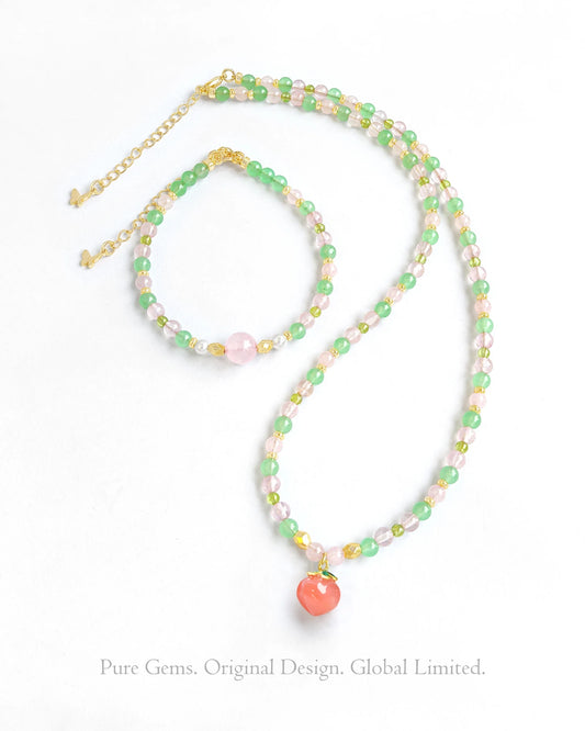Peridot Rose Quartz Aventurine 14K Gold Plated Necklace & Bracelet Set – Renewal & Love