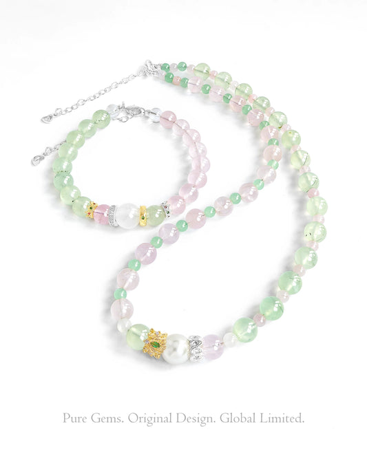 Prehnite Rose Quartz 14K Gold Plated Necklace & Bracelet Set – Love & Healing