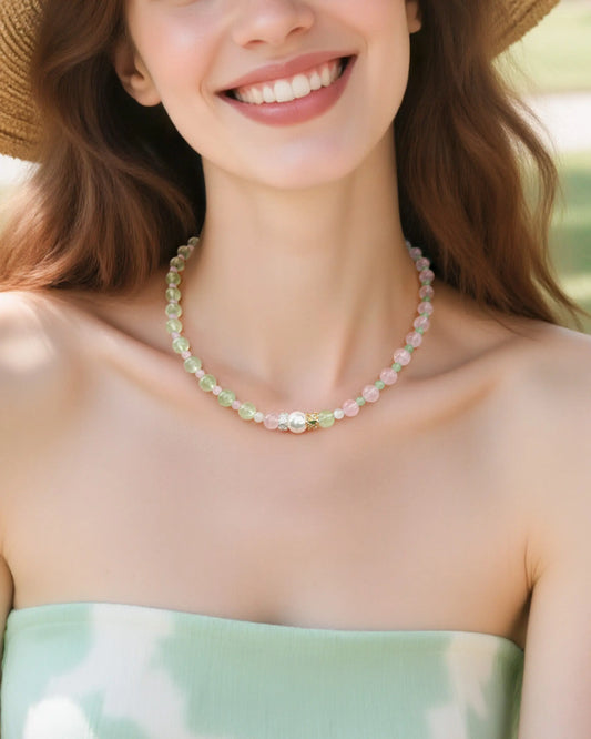 Prehnite Rose Quartz Aventurine 14K Gold Plated Necklace – Love & Harmony