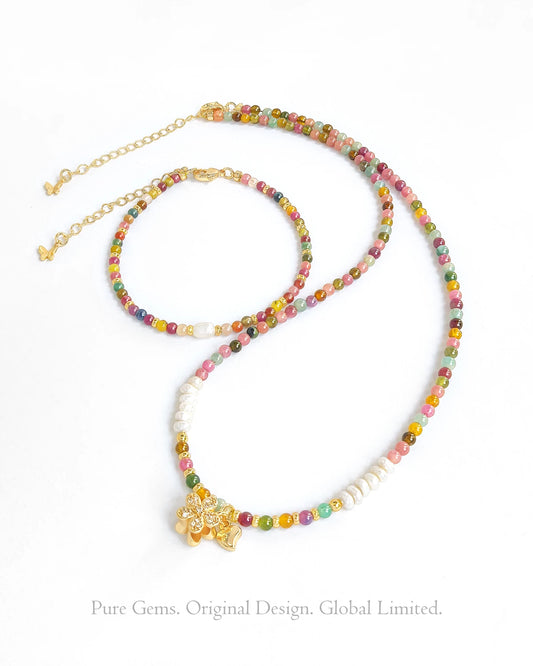 Rainbow Tourmaline Pearl 14K Gold Plated Necklace & Bracelet Set – Love & Balance